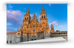 View of the facade of the Cathedral of Santiago de Compostela , at sunset, in Galicia, Spain