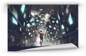 Cyberpunk concept showing a man running along a futuristic path full of monitors, digital art style, illustration painting