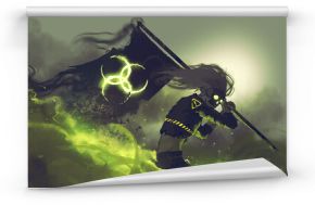 Gas mask man holding a flag with biohazard symbol stands in toxic smoke, digital art style, illustration painting