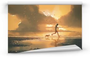 Man and puppy jogging on the beach at sunset, digital art style, illustration painting