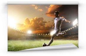 Gracz piłki nożnej w akci na zmierzchu stadium panoramy tle