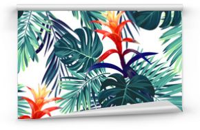 Ręcznie rysowany wzór - kwiaty guzmania, monstera i liście palmowe na białym tle
