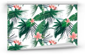 Tropikalne liście palmowe i kolorowe kwiaty na białym tle ścienna