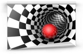 Czerwona piłka w tunelu szachowym. Określenie z góry. Przestrzeń i czas. Ilustracja 3D.