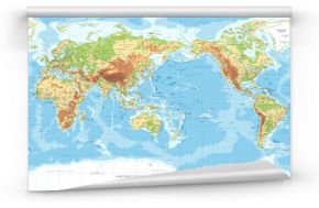Mapa świata - widok na Pacyfik - fizyczna topografia - wektor Szczegółowa ilustracja