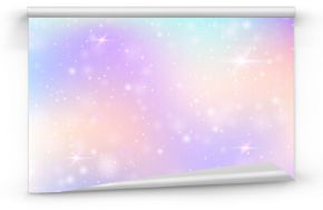 Hologram background with rainbow mesh. Multicolor universe banner in princess colors. Fantasy gradient backdrop. Hologram magic background with fairy sparkles, stars and blurs.
