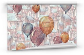 A seamless pattern with a watercolor illustration of balloons and an old town on the background. Roofs, European brick houses and flying balloons - romantic fairytale.