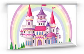 Fairy-tale castle for Princess, magic kingdom. Vintage Palace and beautiful flower meadow with rainbow. Wonderland. Children cartoon illustration. Romantic story. Vector. 