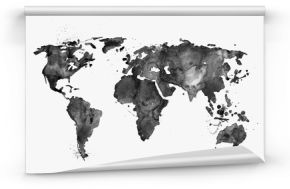 Ilustrowana mapa świata na białym tle. Czarna akwarela