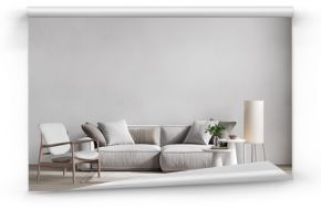 Contemporary gray white interior with furniture and decor. 3d render illustration mockup.