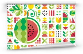 Red watermelon pattern artwork with geometric shape elements. Colorful summer poster design. Scandinavian style abstract vector. Illustration of watermelon slices, seeds, rind, leaves, and flowers.