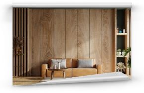 Interior living room wall mockup with leather sofa and decor on wooden wall background.3d rendering