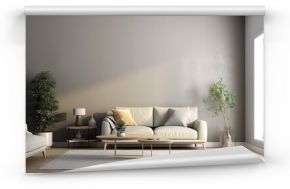 White minimalist living room interior with sofa on a wooden floor, decor on a large wall, white landscape in window. Home Nordic interior   Scandinavian interior poster mock up,Generative AI