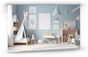 Modern minimalist nursery room in Scandinavian style. Baby room interior in light colours   Interior of playroom   Interior of modern children's room, Generative AI