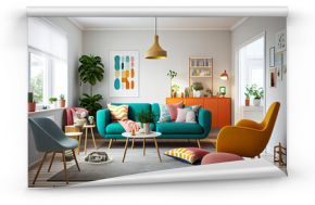 Interior design of a Scandinavian style living room with bold pops of color, playful and lively vibe, comfortable and colorful sofa with pillows, armchairs and rugs   Generative Ai   Indoor décor