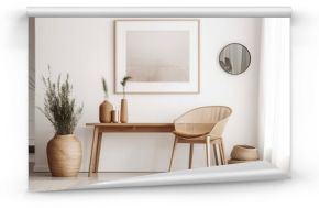 Scandinavian interior design in living room, chic rattan console, wooden chair, mock-up poster frame, elegant vase with pampas grass. generative ai