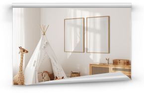 Frame mockup in the children's room interior. Nursery Interior. Boho scandinavian eco style. 3d rendering, 3d illustration  