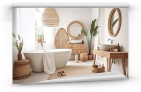 Bathroom in scandinavian boho style. Bright room. Generative AI.
