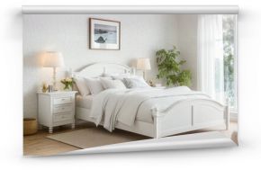 Scandinavian style bedroom, interior design in white colors 
