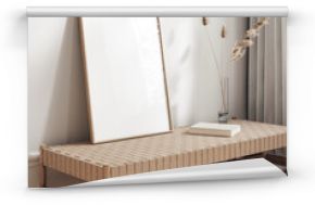 Mock up poster frame in modern beige home interior, Scandinavian style, 3d render