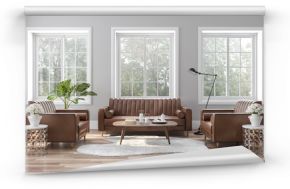 The vintage style living room is decorated with brown-orange leather sofas 3D render. The rooms have wooden floors and gray walls, with white windows offering natural views.