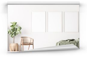 Fresh , comfortable bedroom with three vertical frames in bright design, poster mock up on white wall background