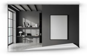 Grey business room interior with desk and laptop, shelf and window. Mockup frame