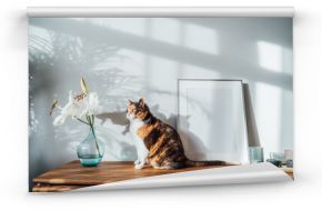 Modern minimalist style interior with white poster mockup, candles, lily flowers in vase and relaxed cat on a wooden console under sunlight and home plants shadows on a gray wall. Selective focus