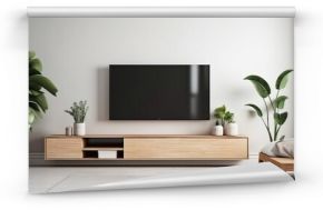 TV on cabinet in modern living room on a white wall background simple and minimalist mock up. generative AI