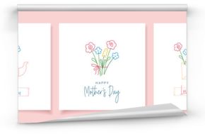Happy Mother's Day. Set of greeting cards with colorful cute flowers on white background. Line art. Stylized lineart flat vector illustration.