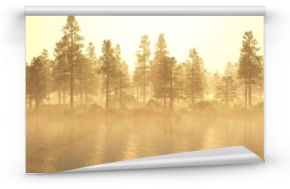 Panorama of a forest in the fog at sunset. Trees in the fog. Light above the left.  3D rendering  