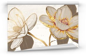 Luxury white magnolia foil metallic background vector with golden metallic home decorate wall art