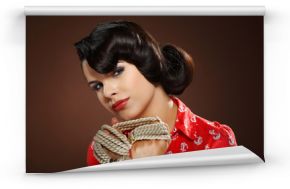 A photo of beautiful brunette is in style of pinup, glamur