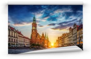 Wroclaw Market Square with Town Hall. Panoramic evening view, long exposure, timelapse.  Historical capital of Silesia, Wroclaw (Breslau) , Poland, Europe.