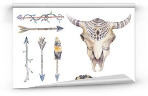Watercolor cow skull with flowers and feathers. Boho tribal styl
