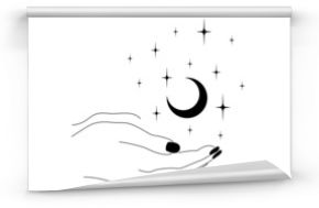 Dłonie z czarnymi paznokciami trzymające półksiężyc. Mistyczny gest w minimalistycznym stylu z księżycem i gwiazdami. Ezoteryczne elementy do logo, na kartki ślubne, tatuaż. Ilustracja wektorowa.