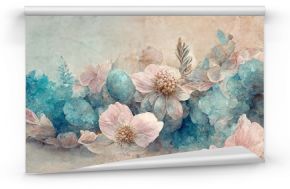 Raster illustration of Peonies Watercolor Seamless Pattern. Beautiful print from white blue tones sketching hands on paper. Stylish print for textile design and decoration. 3D render