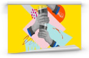 Contemporary art collage of three human hands holding beer glasses isolated over yellow background