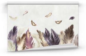 Colored feathers. Photo wallpaper, beautiful picture for the wall. Abstract drawing with feathers.