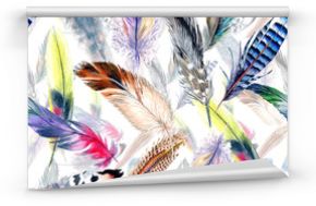 Watercolor bird feather pattern from wing. Aquarelle feather for background, texture, wrapper pattern, frame or border.