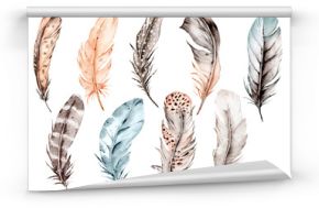 Bird feather set, watercolor boho illustration. Hand drawn. Suitable for poster design, print, sublimation.