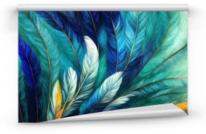 Abstract background with feather pattern, gradients and texture, digital painting in blue, green and gold colours
