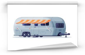 Mobile home on wheels with awning. Camping travel trailer vector illustration