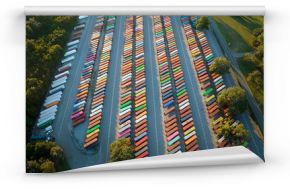 View from above of cargo container industrial yard with many shipment freight containers. Concept of international delivery of goods