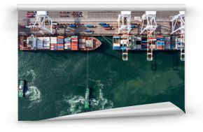 Aerial top view container ship global business logistic transportation import export container box, Container cargo ship boat freight shipping maritime commercial port, Cargo vessel industrial port.