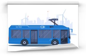 Electric city bus charging from a charging station against the backdrop of an abstract cityscape. Vector illustration.