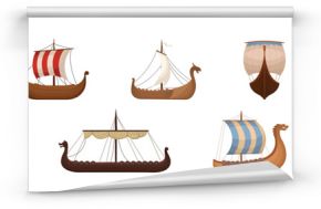 Scandinavian Marine Vessels or Viking Ship with Dragon Head Vector Set