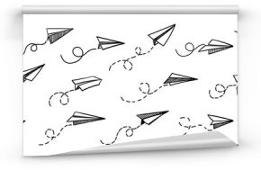 Papierowy samolot wektor Podróż, symbol trasy. Zestaw ilustracji wektorowych ręcznie rysowane papierowy samolot. Odosobniony. Zarys. Ręcznie rysowane doodle samolotem. Ikona czarny liniowy papierowy samolot