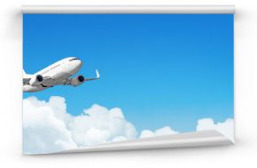 Passenger aircraft cloudscape with white airplane is flying in the daytime sky cumulus clouds, panorama view.