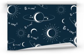 Space vector seamless pattern with physical speed of light formula E MC2. Moon, sun, stars, orbits, Planes. Magic pagan Wicca symbol. Vector Alchemy, esoteric, occultism, navy blue background